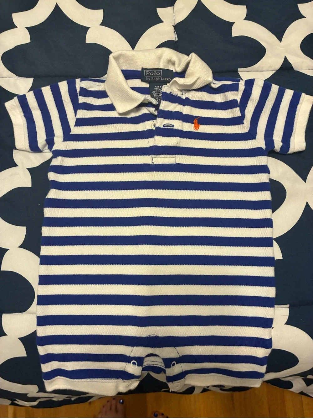 Ralph Lauren Blue & White Striped Baby Polo One-Piece with Orange Pony